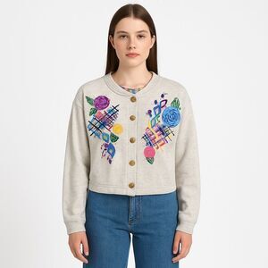 Carole Little Vintage Preppy Bomber 3D Rosette Floral Beige Tan Cardigan